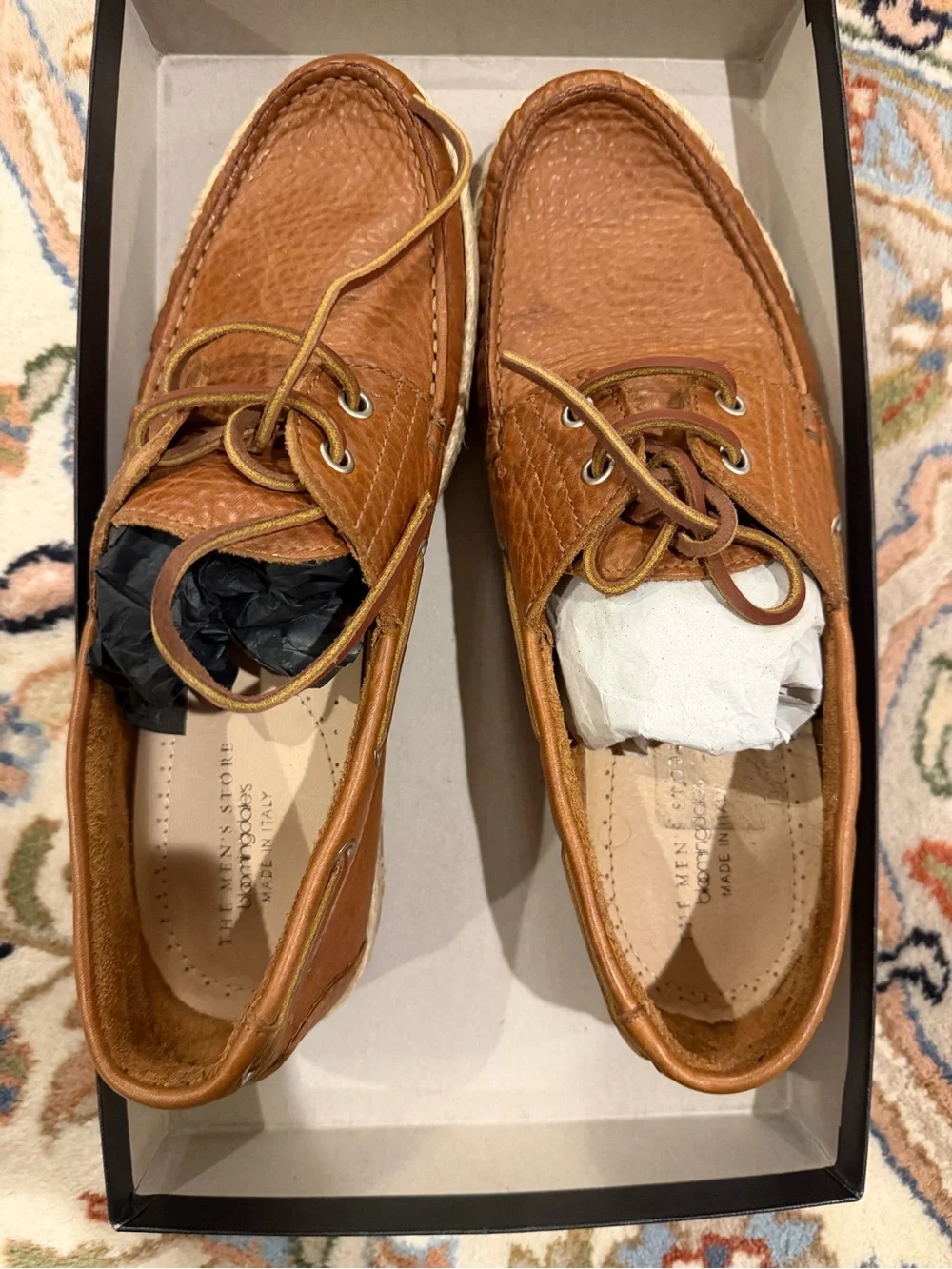 Bloomingdale's Cognac Leather Boat Shoes with Rope Trim